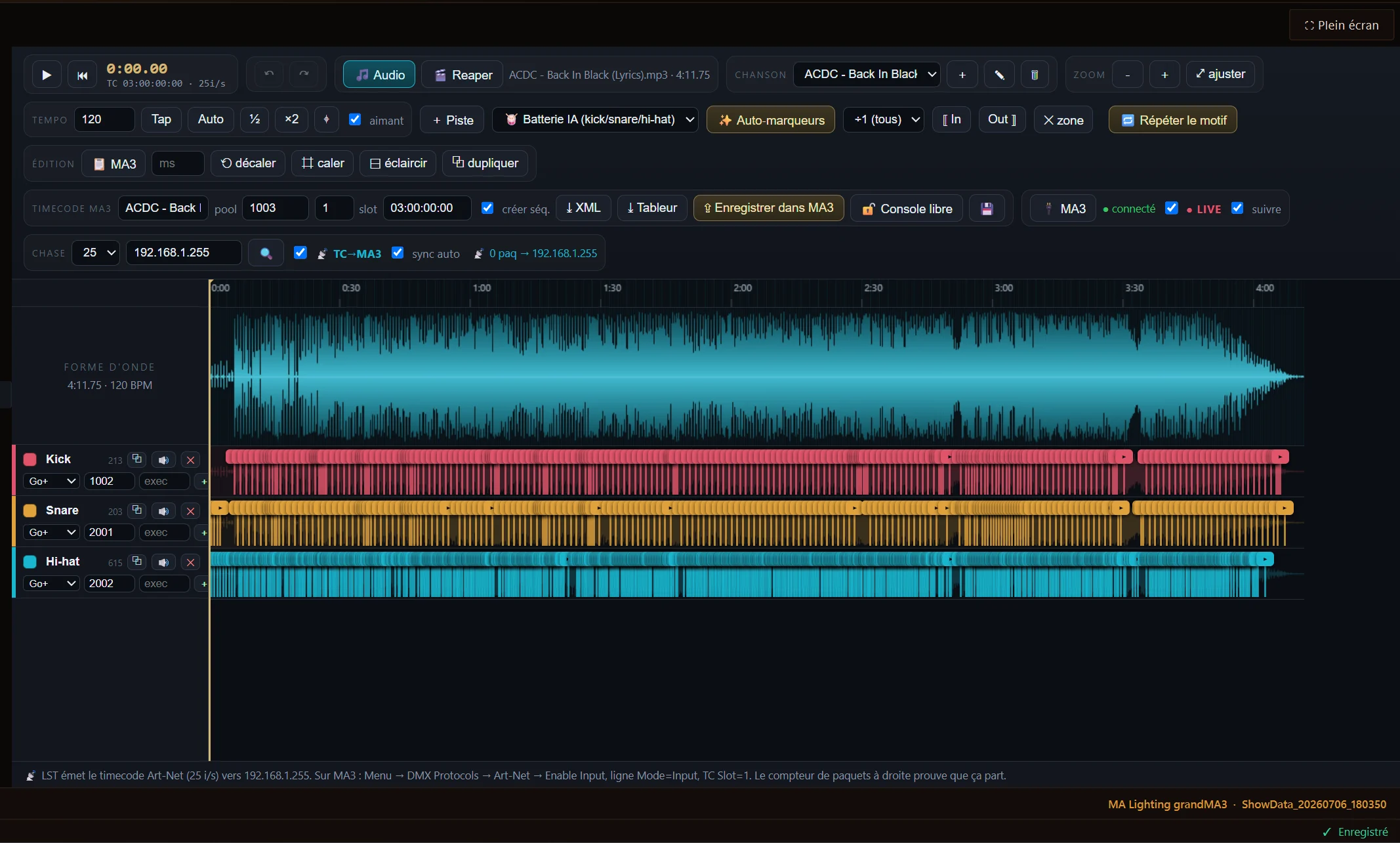 Éditeur timecode — batterie séparée par IA, timecode envoyé à la console en direct